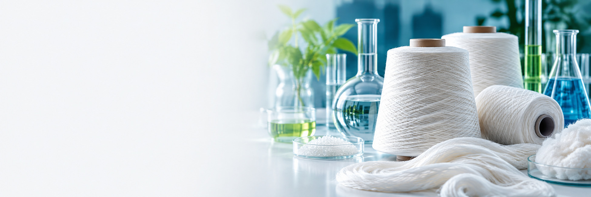 White yarn cones and laboratory glassware in a textile chemistry scene